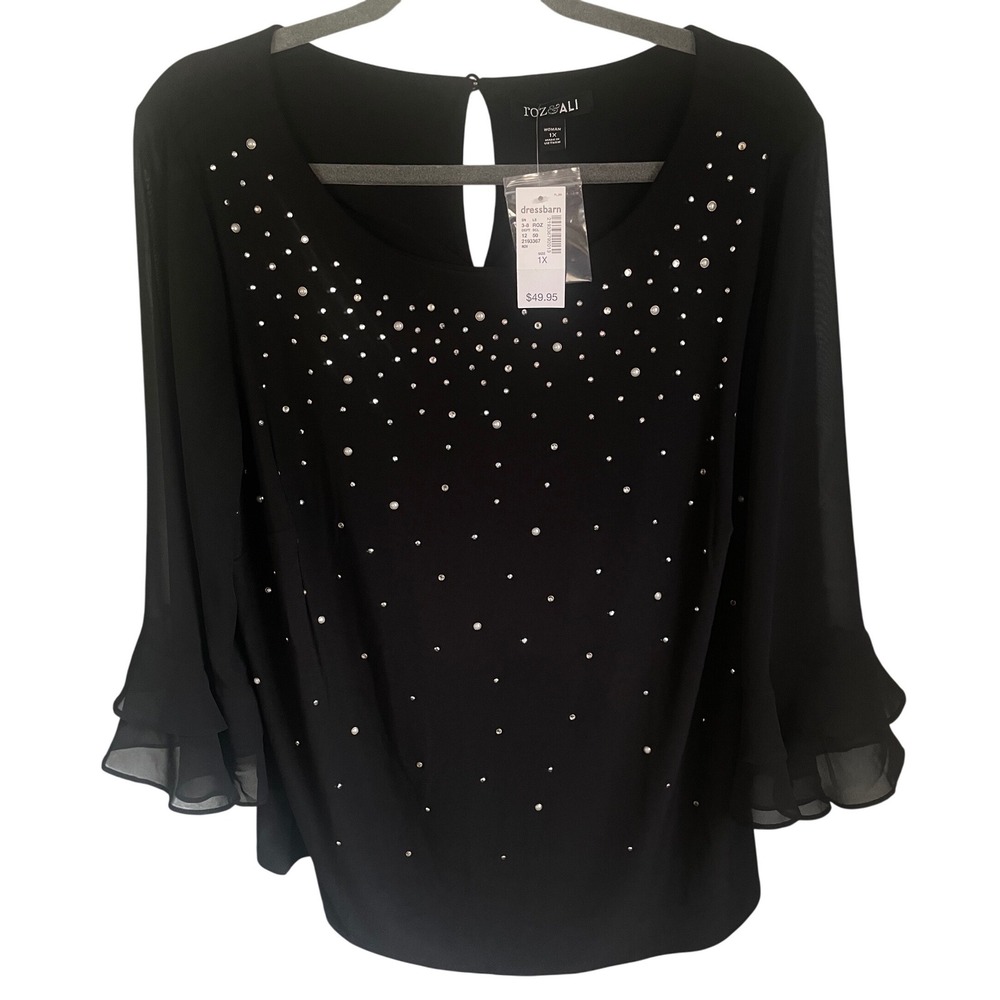 Roz & Ali Women 1X Black Pearl Rhinestone Blouse Ruffle Sheer Sleeve Evening Top